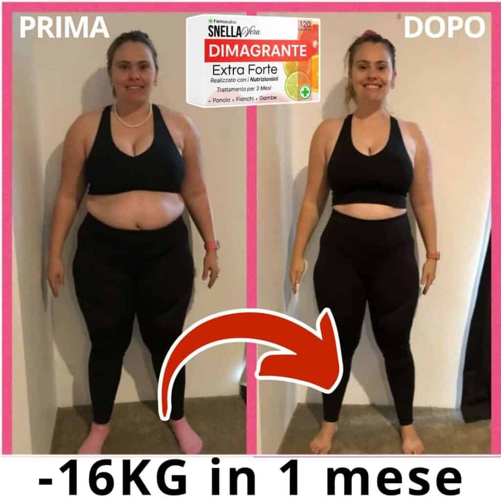 Prima e dopo la perdita di peso di 16 kg in un mese.